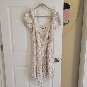 Zara Floral Wrap mini Dress with Puff Sleeves light pastels double lined SzXL